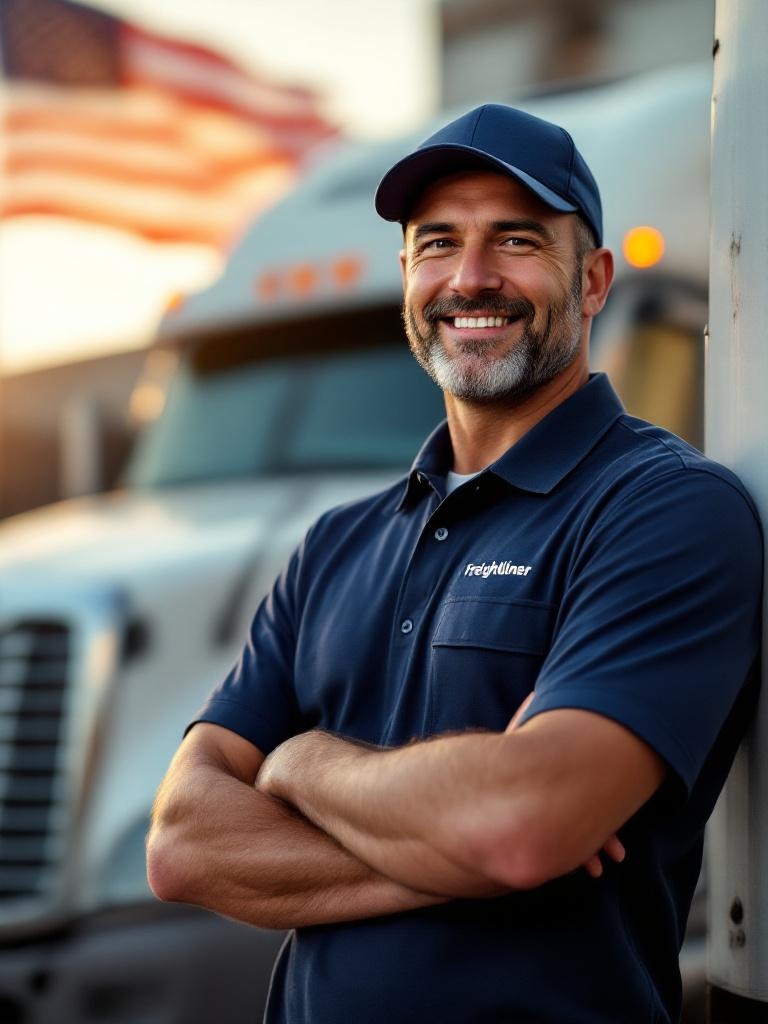 Professional truck driver next to Freightliner